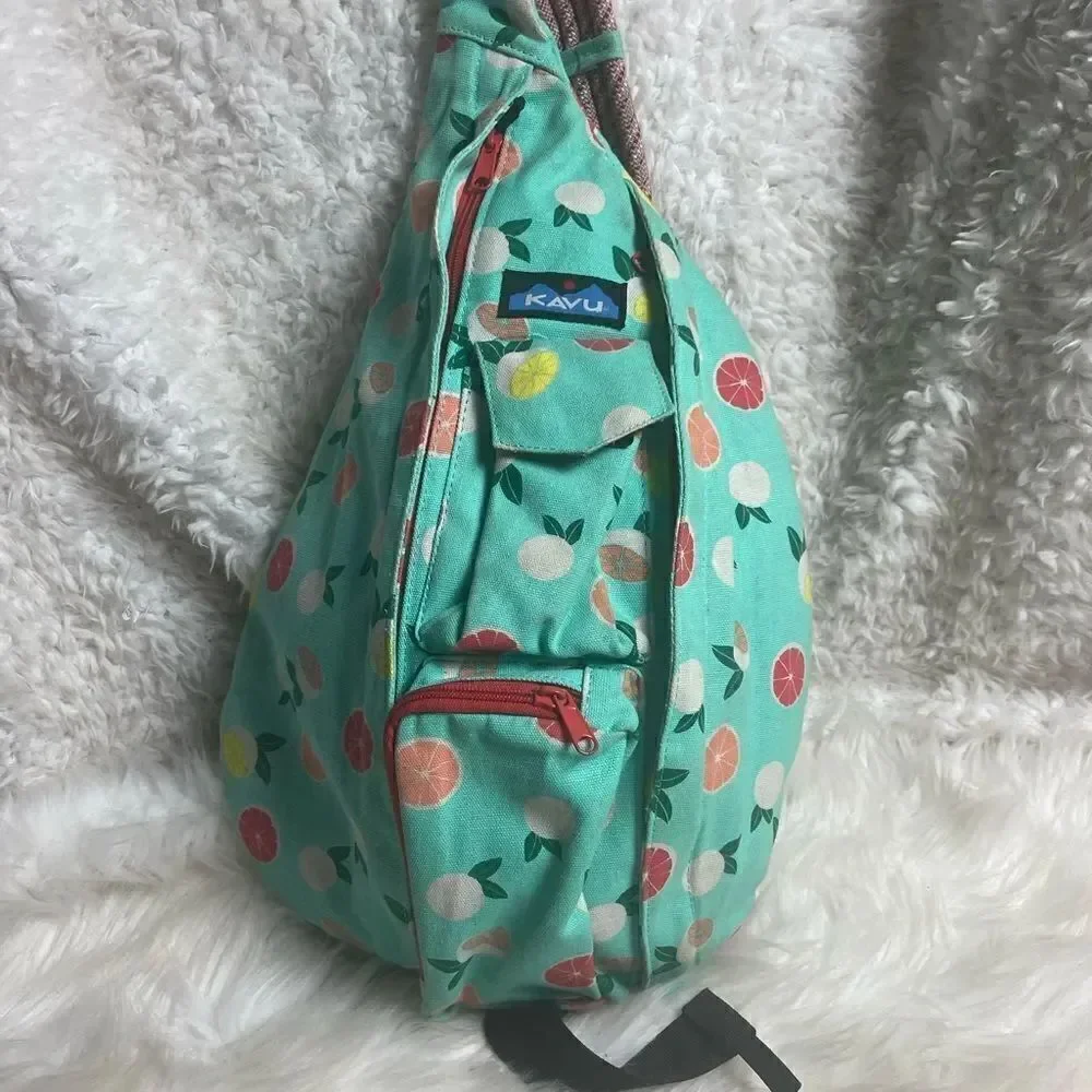 Kavu rope sling back canvas mint green with Orange,yellow, green fruit prints.